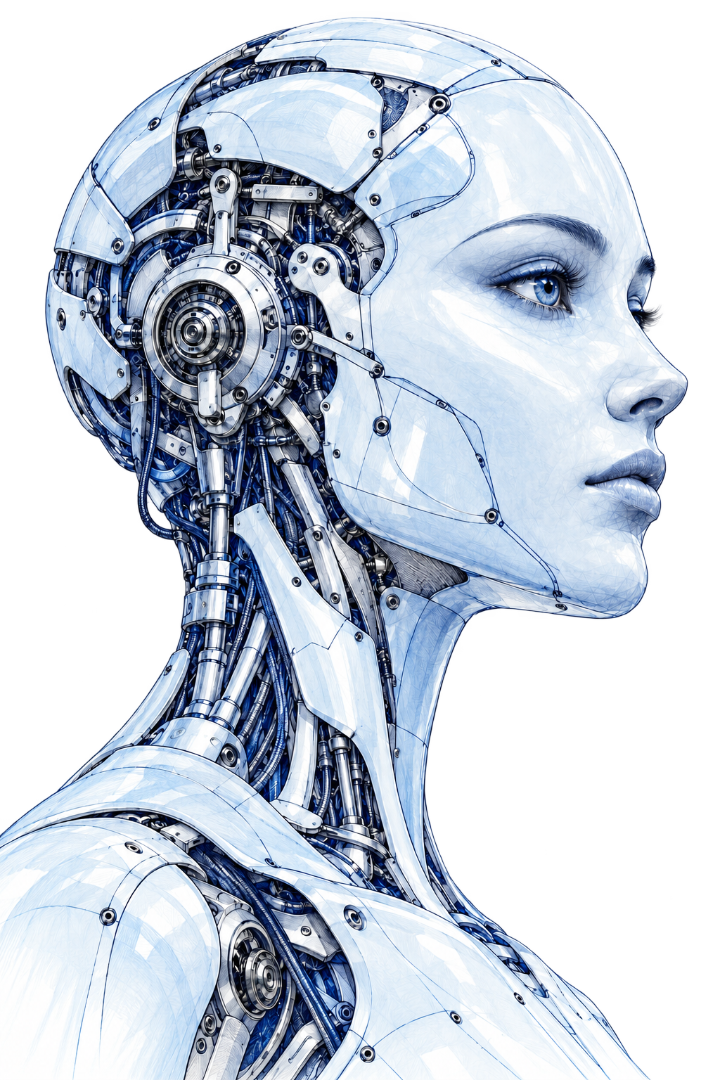 Intricately drawn android in profile, with a blue wireframe face and exposed mechanical details.