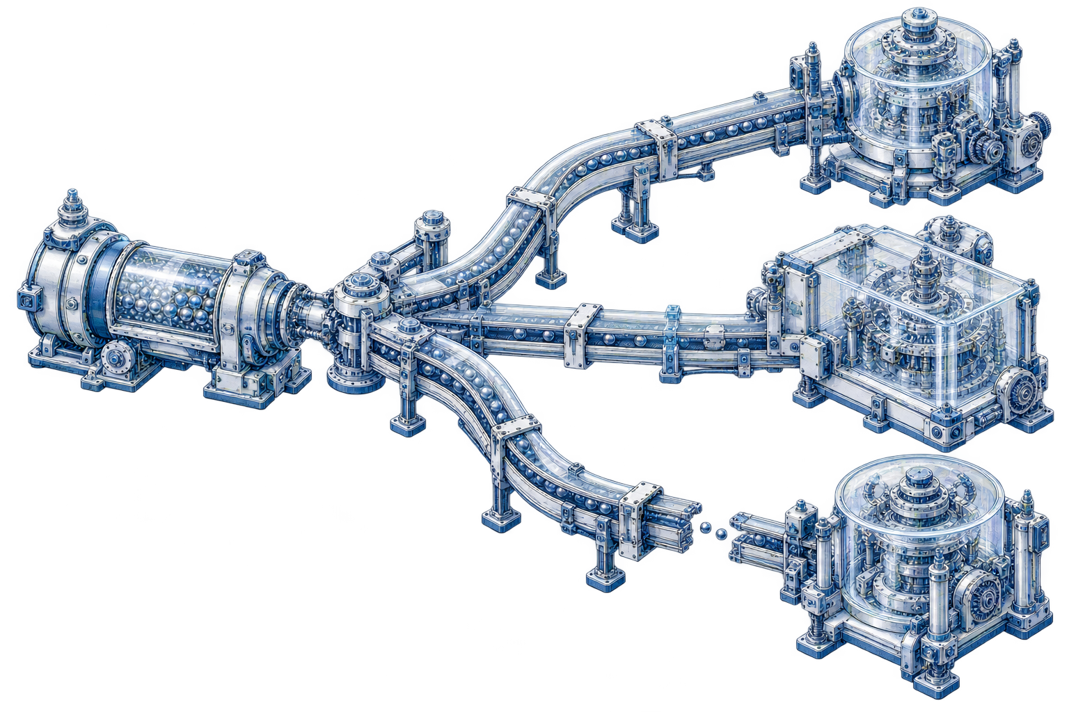 A mechanical inference apparatus branches toward three different chambers, with one route interrupted. An illustration of conditional pathways and unresolved evidence.