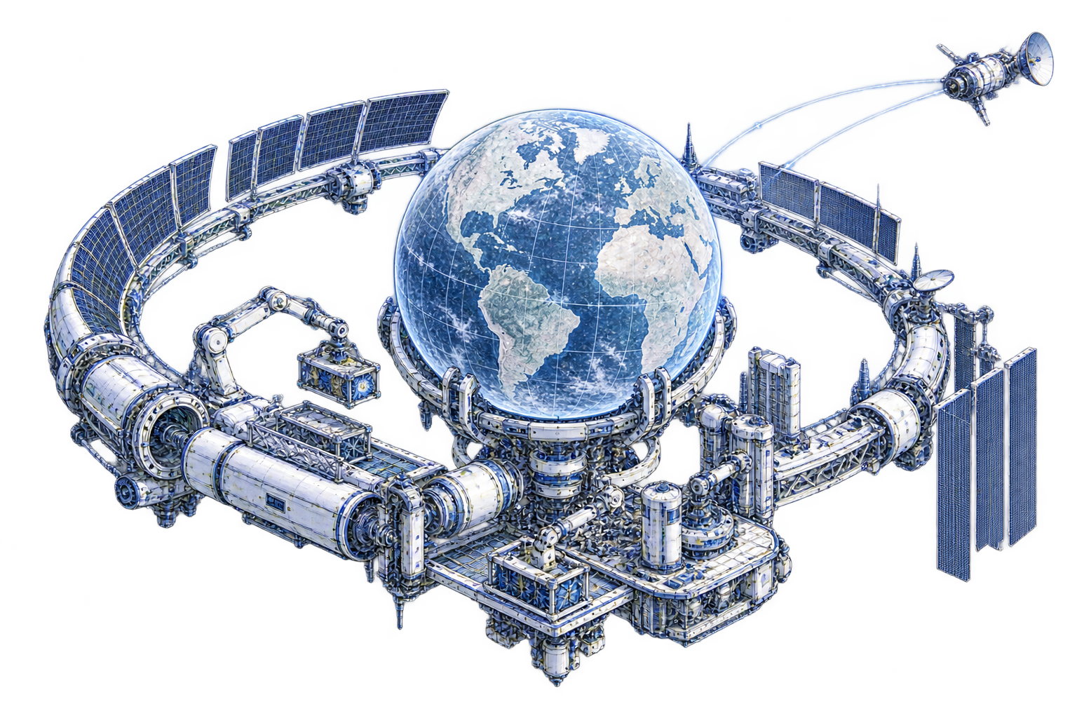 A hypothetical planetary industrial system with orbital collectors and a departing probe. An illustration of AI expansion across physical scales.
