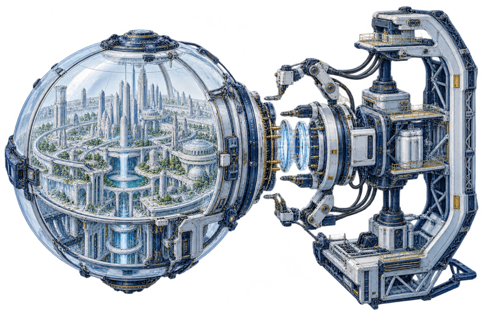 An enclosed model city and an external maintenance station joined by a partly disengaged interface. A conceptual study of hypothetical host access.