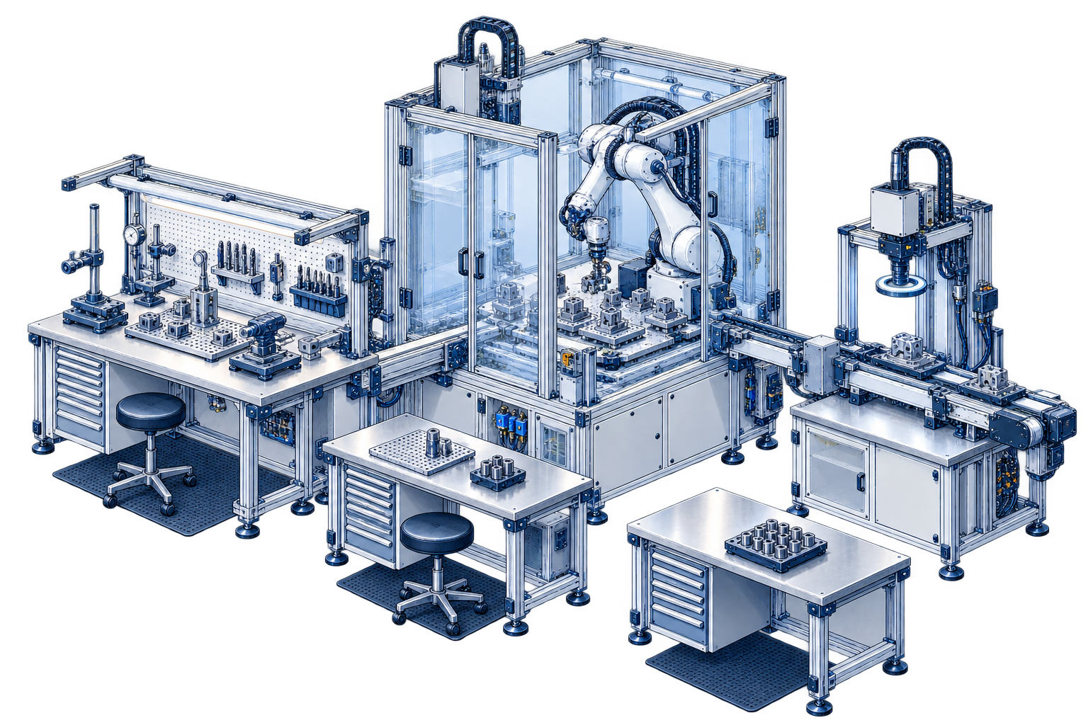 A detailed workshop combines manual benches, a robotic fabrication cell and automated inspection, illustrating how tasks can be reorganized.