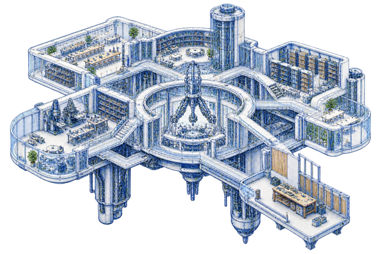 A cutaway communal complex with open living areas and shared workshops, illustrating the absence of protected private space in an invented society.