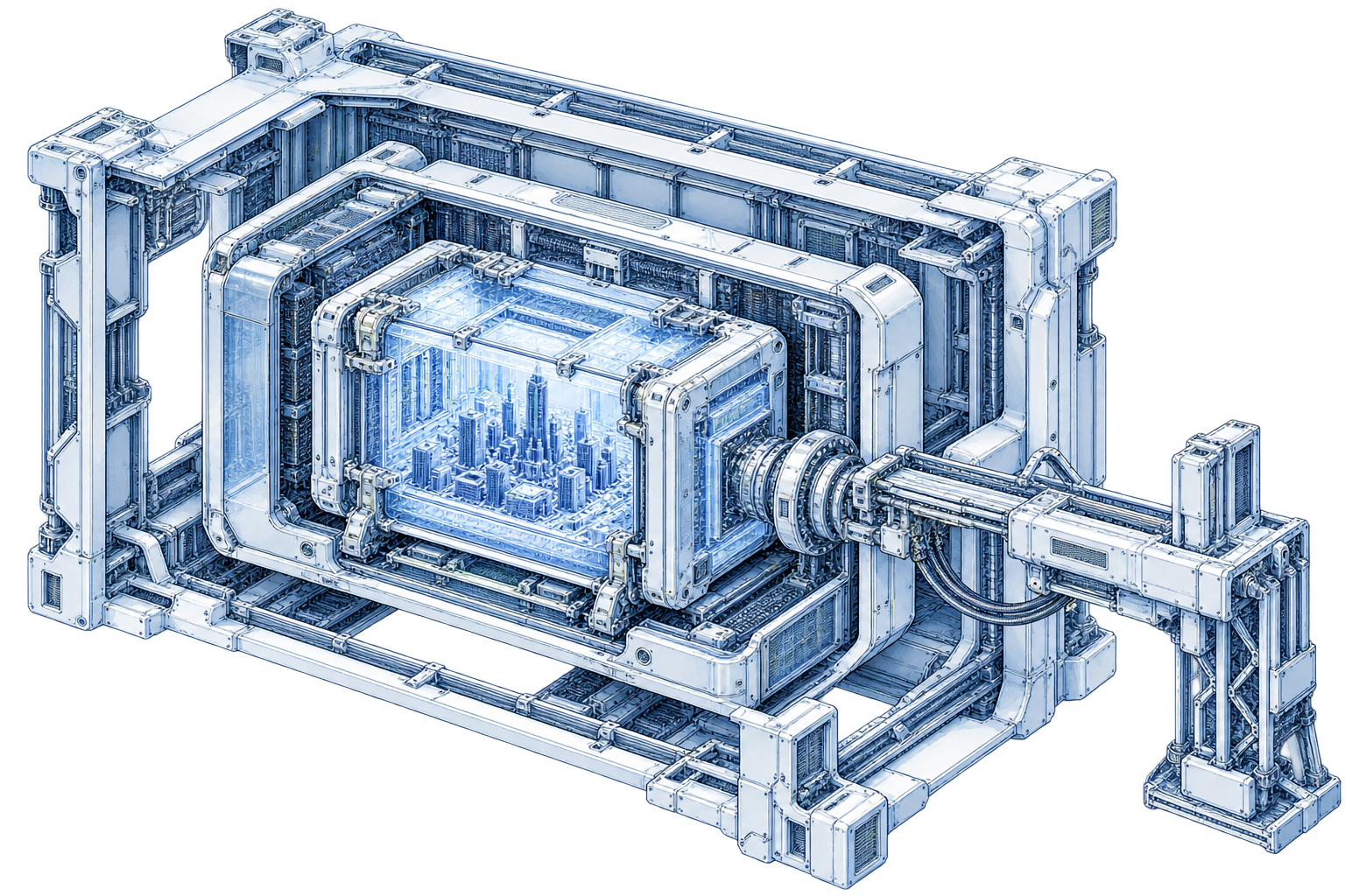 A miniature city sits inside nested computational enclosures, connected to an outer maintenance interface. An illustration of a hypothetical simulation boundary.
