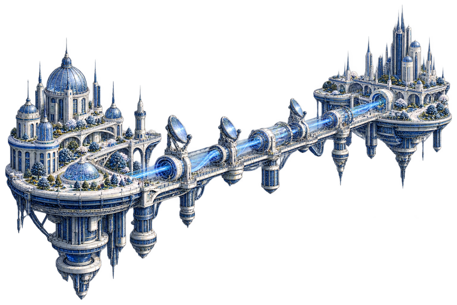 Two model districts linked by an optical relay bridge, illustrating a finite communication path without measured timing values.